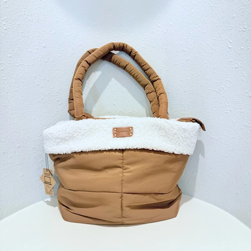 Bearpaw Double Strap Faux Shearling Trim Puffer Tan Tote Bag OS NWT